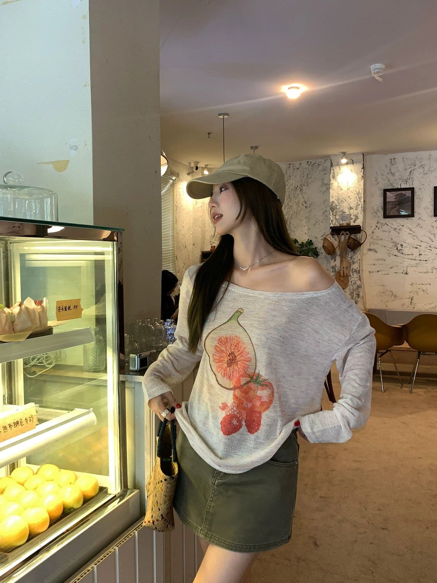 원본 무지개 마 새로운 여름 Fig 프린트 비스듬한 어깨 긴팔 티셔츠 루즈핏 느긋한 블라우스 상세 이미지 3