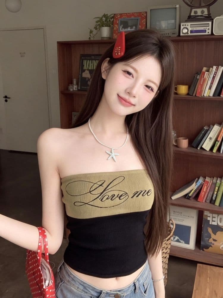210 그램 40 좋은 면 1 1 레트로 알파벳 프린트 튜브탑 조끼 여성 여름 섹시함 오프숄더 타이트 맨위 상세 이미지 1