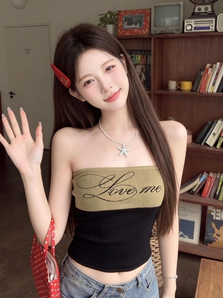 210 그램 40 좋은 면 1 1 레트로 알파벳 프린트 튜브탑 조끼 여성 여름 섹시함 오프숄더 타이트 맨위 상세 이미지 2