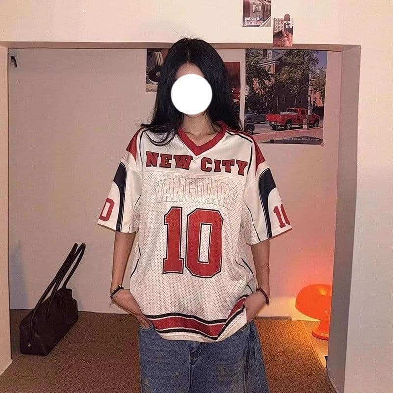 원본 원단 원본 솜씨 리브 네클라인 이후 테두리 프린트 V넥 반팔 티셔츠 남녀