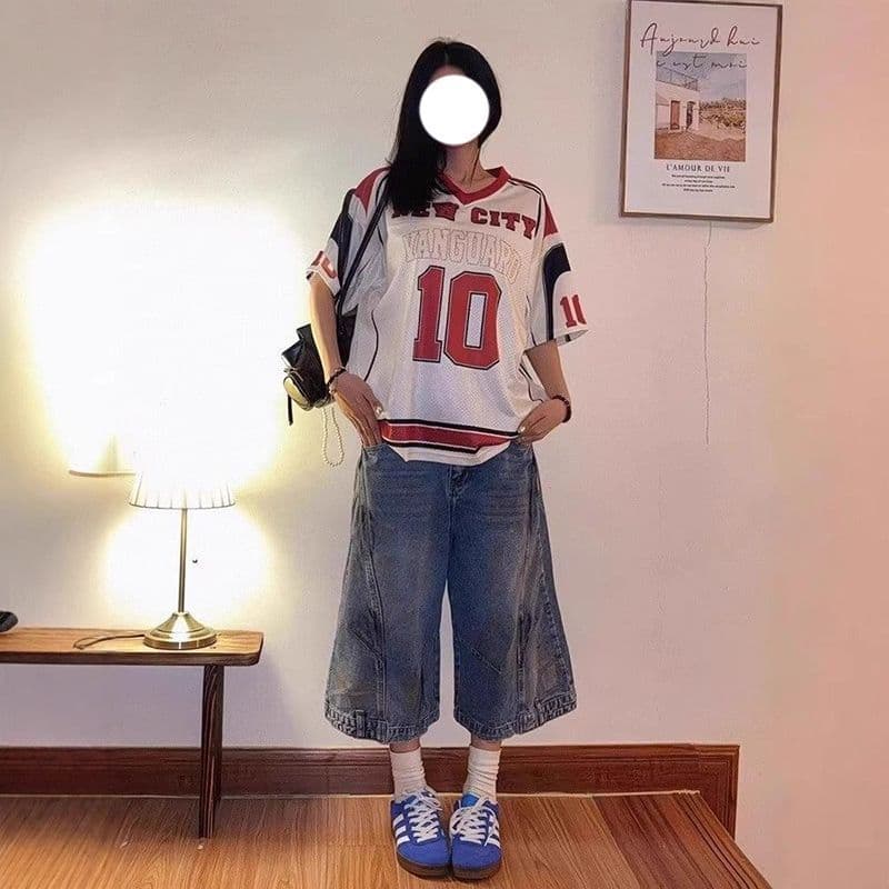 원본 원단 원본 솜씨 리브 네클라인 이후 테두리 프린트 V넥 반팔 티셔츠 남녀 이미지 2