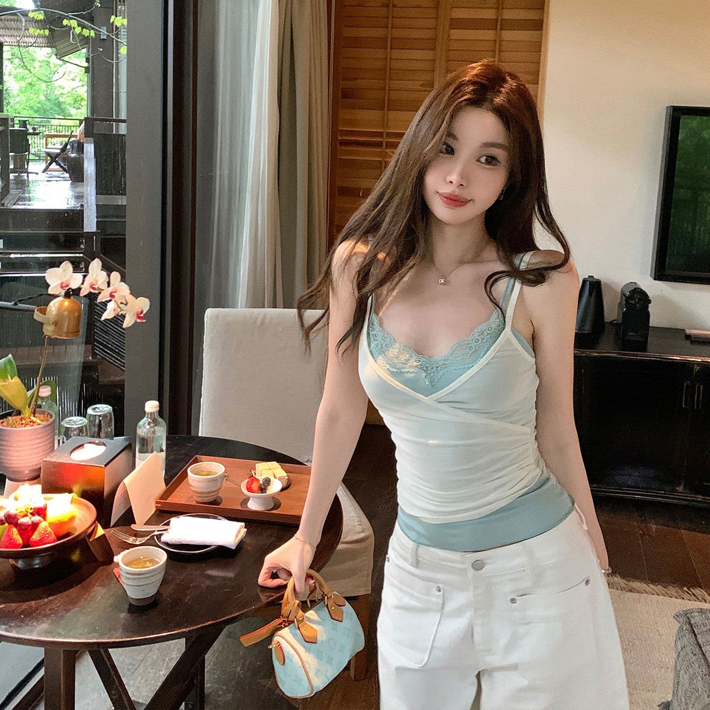 배색 페이크 레이어드 망사 캐미솔 여성 더블 계단식 착용 레이스 섹시함 핫걸 민소매 맨위 상세 이미지 1