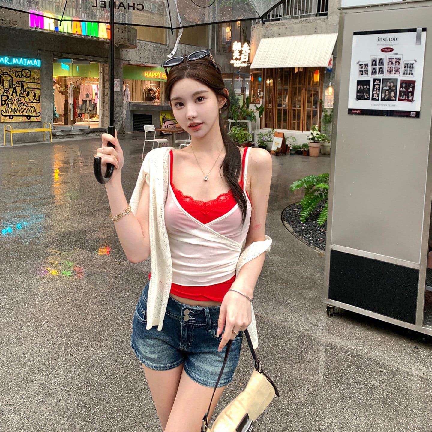 배색 페이크 레이어드 망사 캐미솔 여성 더블 계단식 착용 레이스 섹시함 핫걸 민소매 맨위 상세 이미지 3