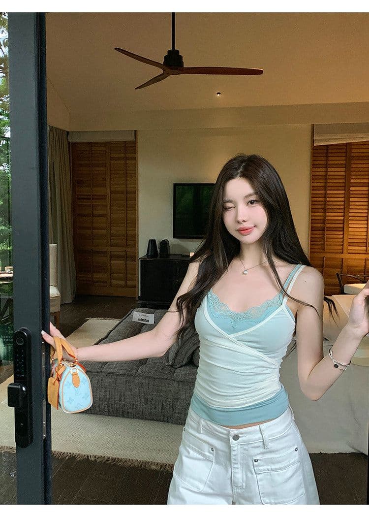 배색 페이크 레이어드 망사 캐미솔 여성 더블 계단식 착용 레이스 섹시함 핫걸 민소매 맨위 상세 이미지 8