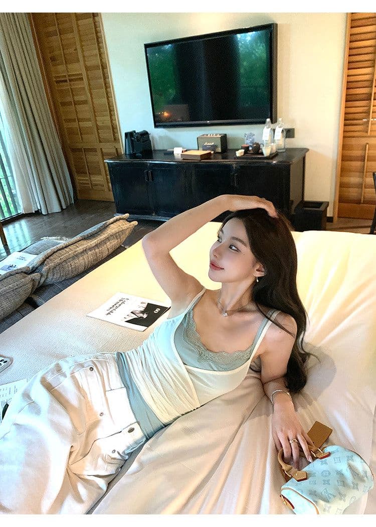 배색 페이크 레이어드 망사 캐미솔 여성 더블 계단식 착용 레이스 섹시함 핫걸 민소매 맨위 상세 이미지 9