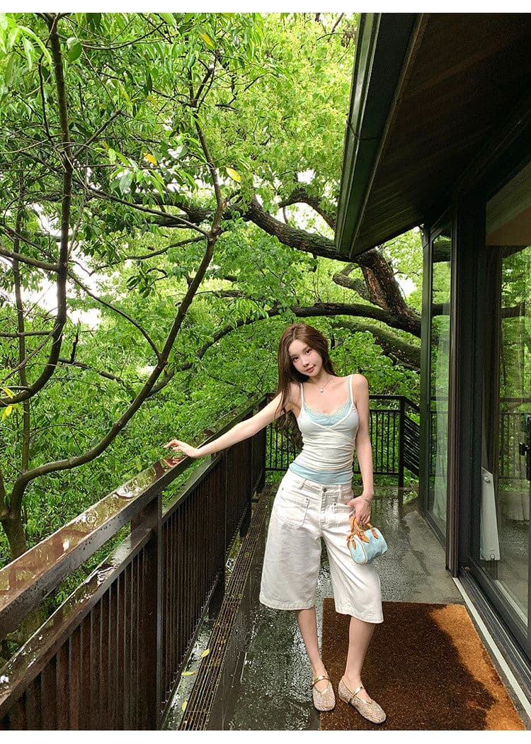 배색 페이크 레이어드 망사 캐미솔 여성 더블 계단식 착용 레이스 섹시함 핫걸 민소매 맨위 상세 이미지 16