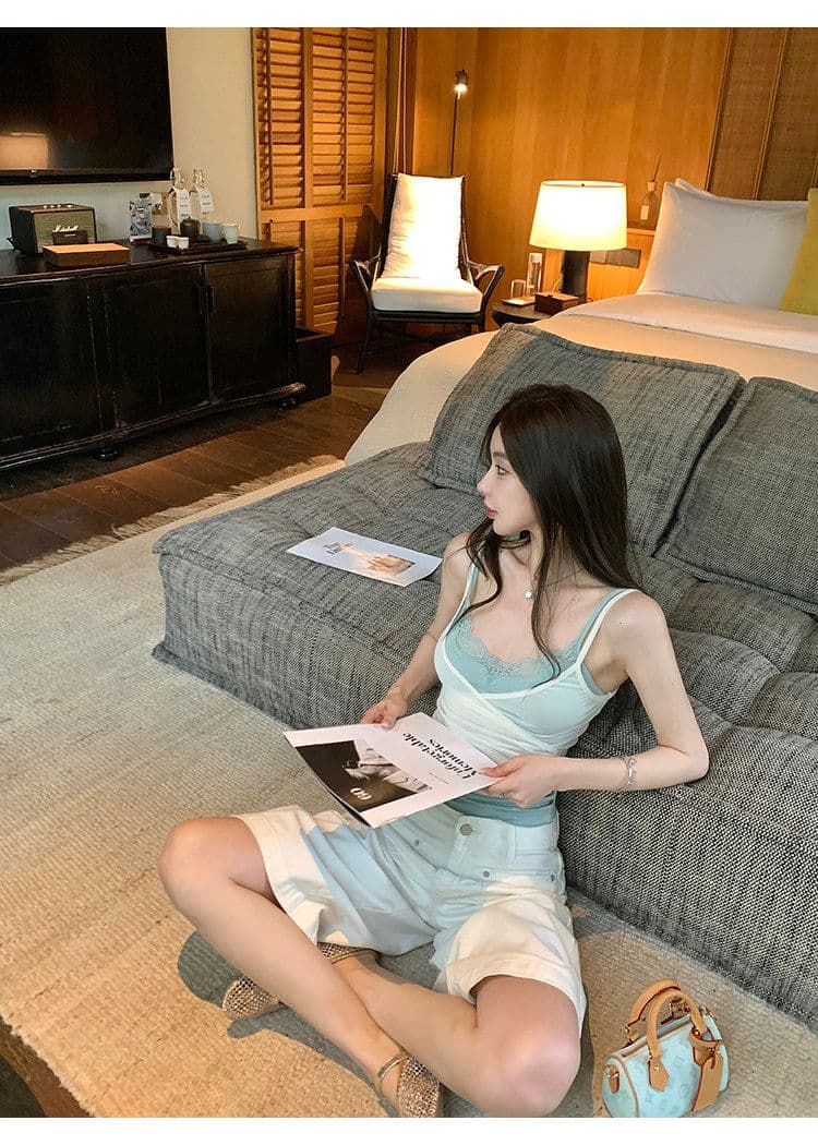 배색 페이크 레이어드 망사 캐미솔 여성 더블 계단식 착용 레이스 섹시함 핫걸 민소매 맨위 상세 이미지 18