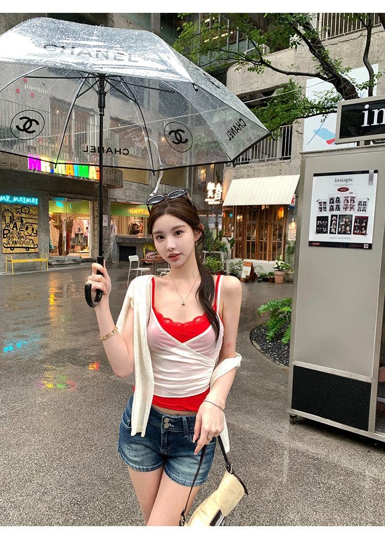 배색 페이크 레이어드 망사 캐미솔 여성 더블 계단식 착용 레이스 섹시함 핫걸 민소매 맨위 상세 이미지 21