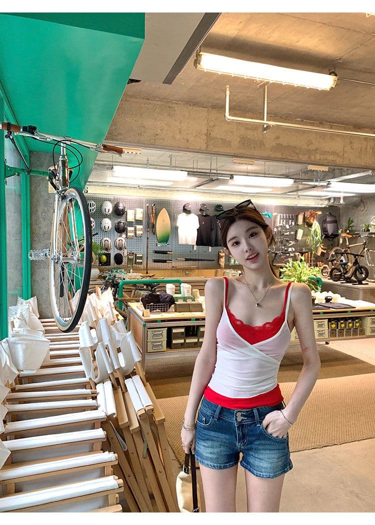 배색 페이크 레이어드 망사 캐미솔 여성 더블 계단식 착용 레이스 섹시함 핫걸 민소매 맨위 상세 이미지 23
