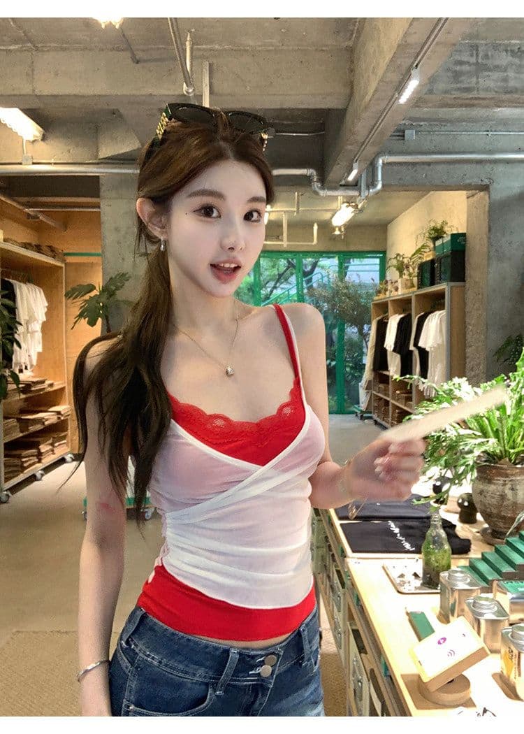 배색 페이크 레이어드 망사 캐미솔 여성 더블 계단식 착용 레이스 섹시함 핫걸 민소매 맨위 상세 이미지 24