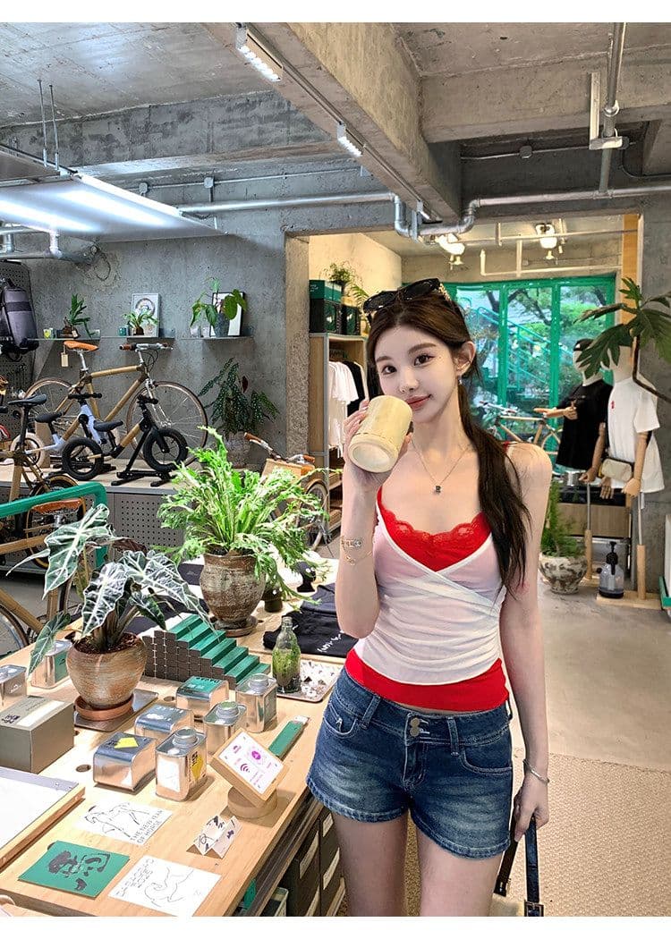 배색 페이크 레이어드 망사 캐미솔 여성 더블 계단식 착용 레이스 섹시함 핫걸 민소매 맨위 상세 이미지 32