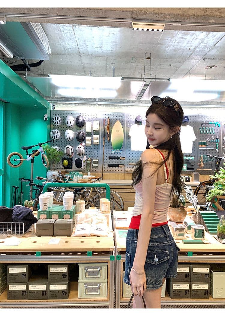배색 페이크 레이어드 망사 캐미솔 여성 더블 계단식 착용 레이스 섹시함 핫걸 민소매 맨위 상세 이미지 33