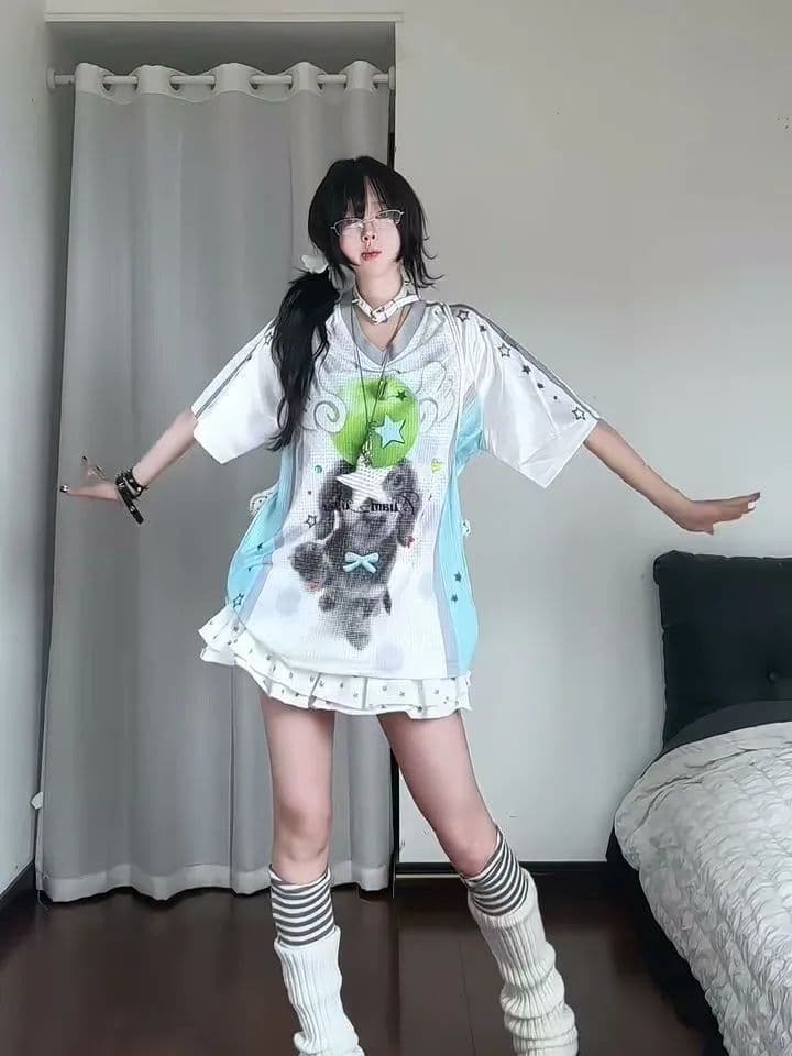 광저우 원단 리브 네클라인 이후 테두리 직분사 프린트 배색 패치워크 색상 반팔 티셔츠 남녀 정가 이미지 2