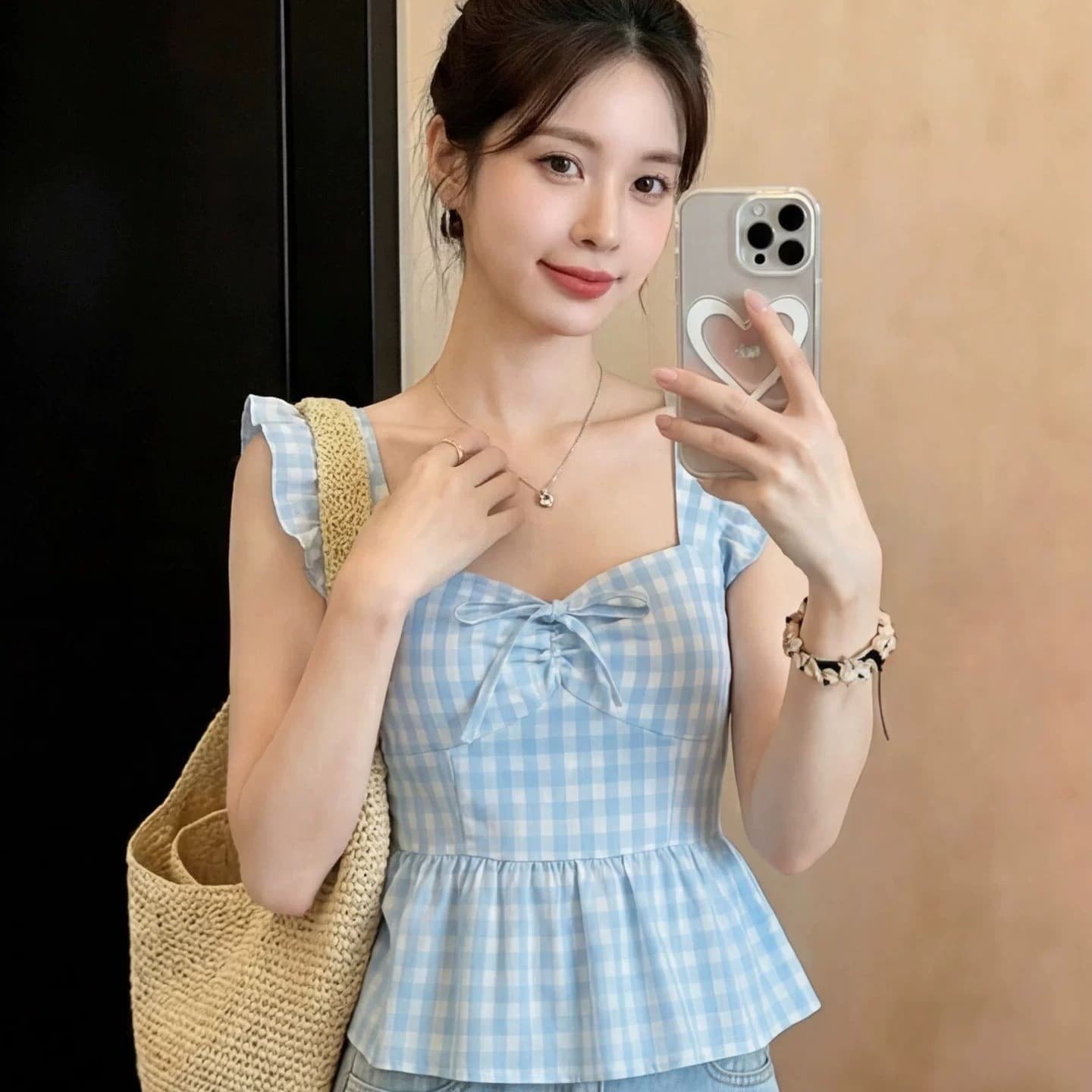 파란색 광장 칼라 체크무늬 작은 날다 소매 여성 셔츠 여름 2026 새로운 작은 키 프릴 쇼트 스타일 반팔 맨위 이미지 5