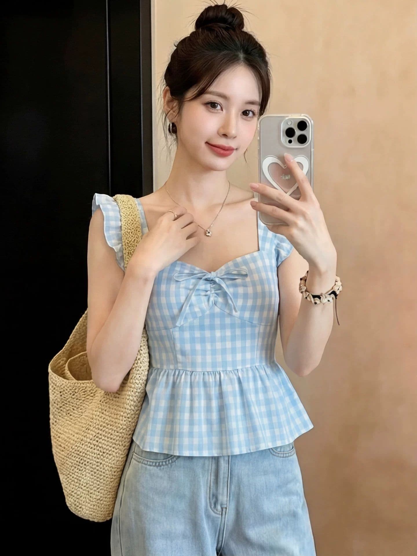 파란색 광장 칼라 체크무늬 작은 날다 소매 여성 셔츠 여름 2026 새로운 작은 키 프릴 쇼트 스타일 반팔 맨위 상세 이미지 5