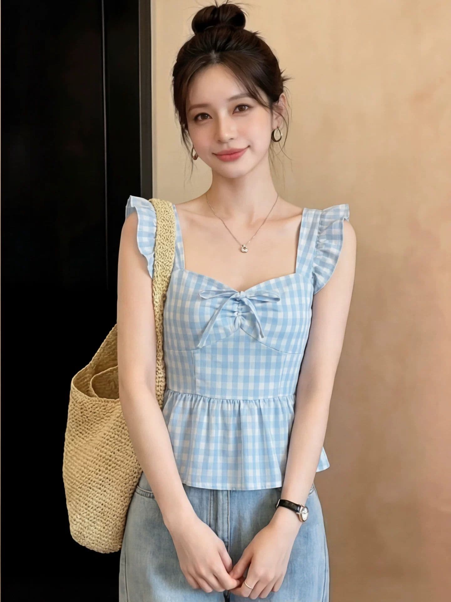 파란색 광장 칼라 체크무늬 작은 날다 소매 여성 셔츠 여름 2026 새로운 작은 키 프릴 쇼트 스타일 반팔 맨위 상세 이미지 6