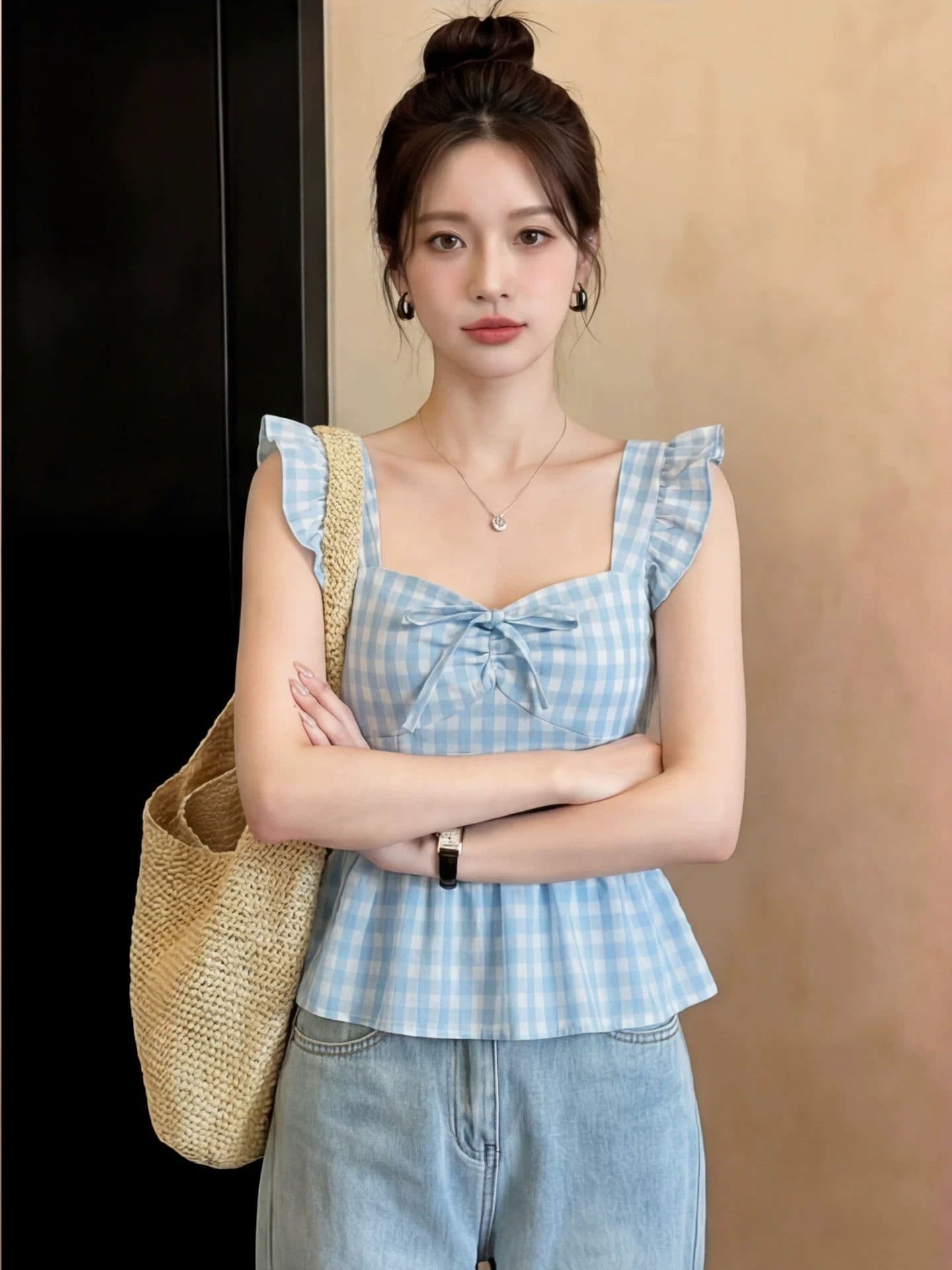 파란색 광장 칼라 체크무늬 작은 날다 소매 여성 셔츠 여름 2026 새로운 작은 키 프릴 쇼트 스타일 반팔 맨위 상세 이미지 8