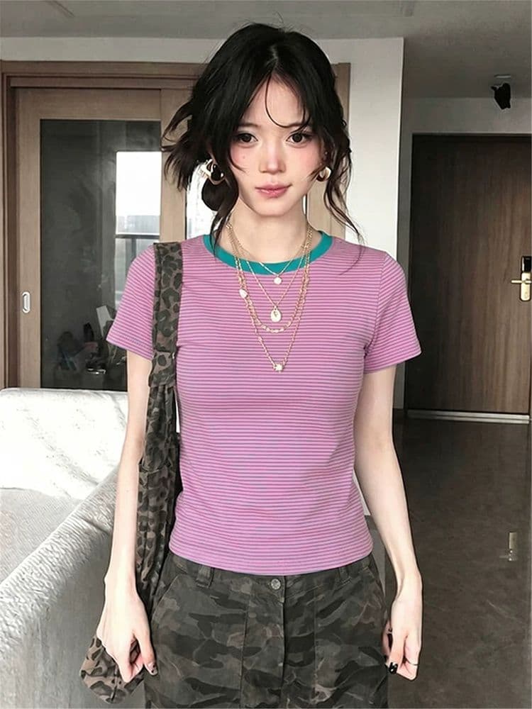 면 양모 당겨 프레임 리브 스트라이프 라운드 넥 긍정적 인 어깨 반팔 티셔츠 여성 여름 몸매 가꾸기 도파민 핫걸 쇼트 스타일 맨위