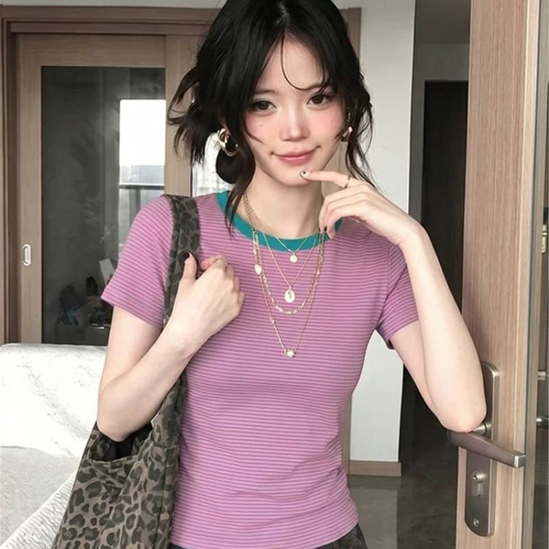 면 양모 당겨 프레임 리브 스트라이프 라운드 넥 긍정적 인 어깨 반팔 티셔츠 여성 여름 몸매 가꾸기 도파민 핫걸 쇼트 스타일 맨위 이미지 5