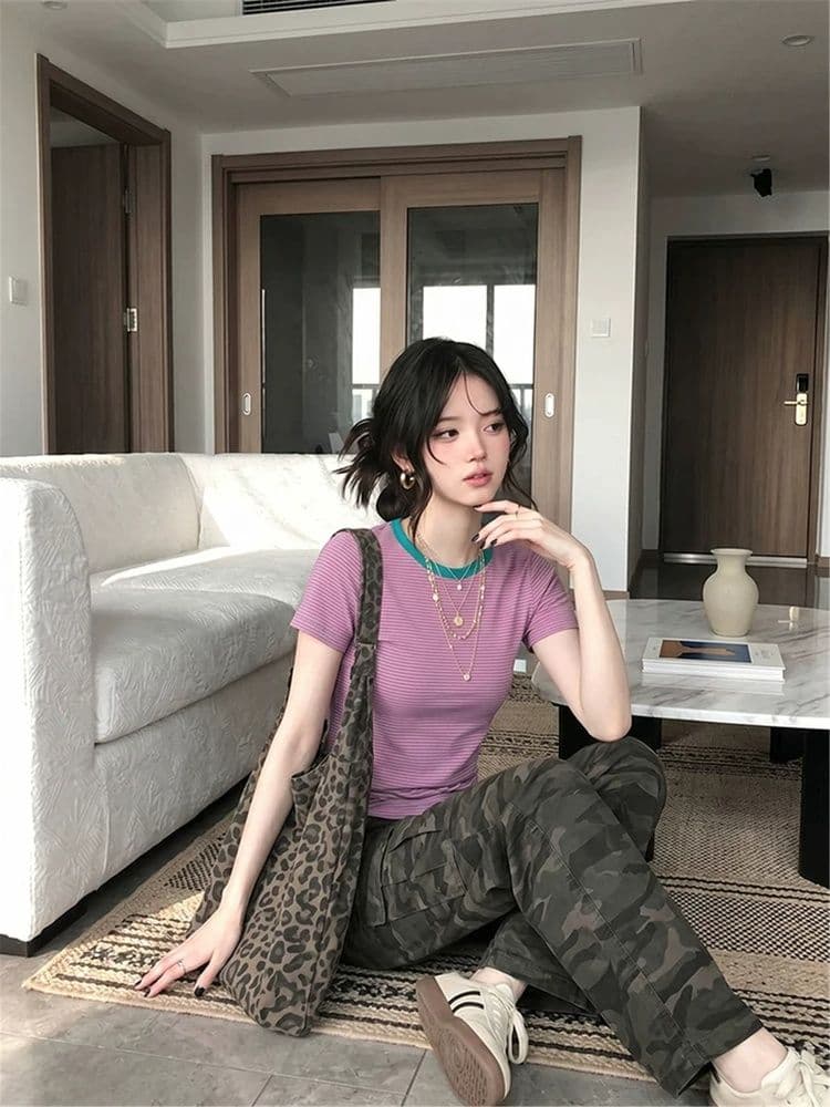 면 양모 당겨 프레임 리브 스트라이프 라운드 넥 긍정적 인 어깨 반팔 티셔츠 여성 여름 몸매 가꾸기 도파민 핫걸 쇼트 스타일 맨위 상세 이미지 2