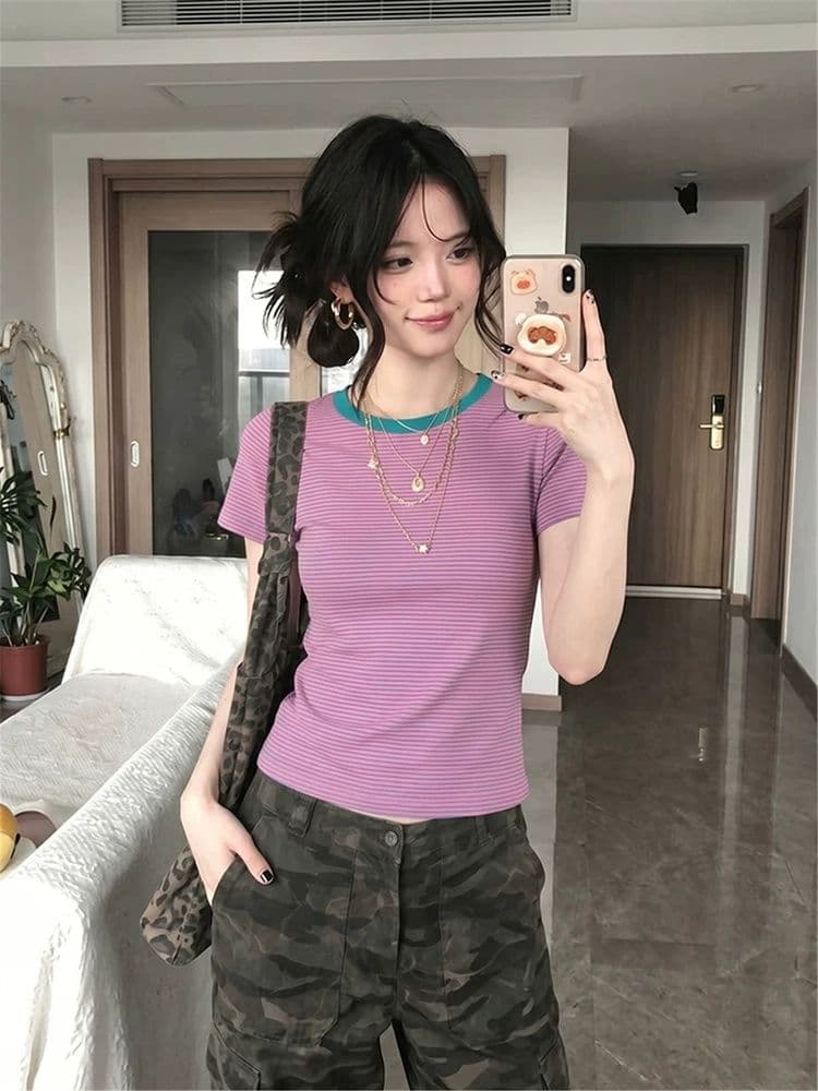 면 양모 당겨 프레임 리브 스트라이프 라운드 넥 긍정적 인 어깨 반팔 티셔츠 여성 여름 몸매 가꾸기 도파민 핫걸 쇼트 스타일 맨위 상세 이미지 3