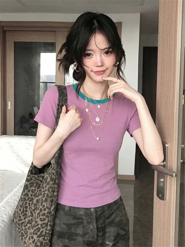 면 양모 당겨 프레임 리브 스트라이프 라운드 넥 긍정적 인 어깨 반팔 티셔츠 여성 여름 몸매 가꾸기 도파민 핫걸 쇼트 스타일 맨위 상세 이미지 4