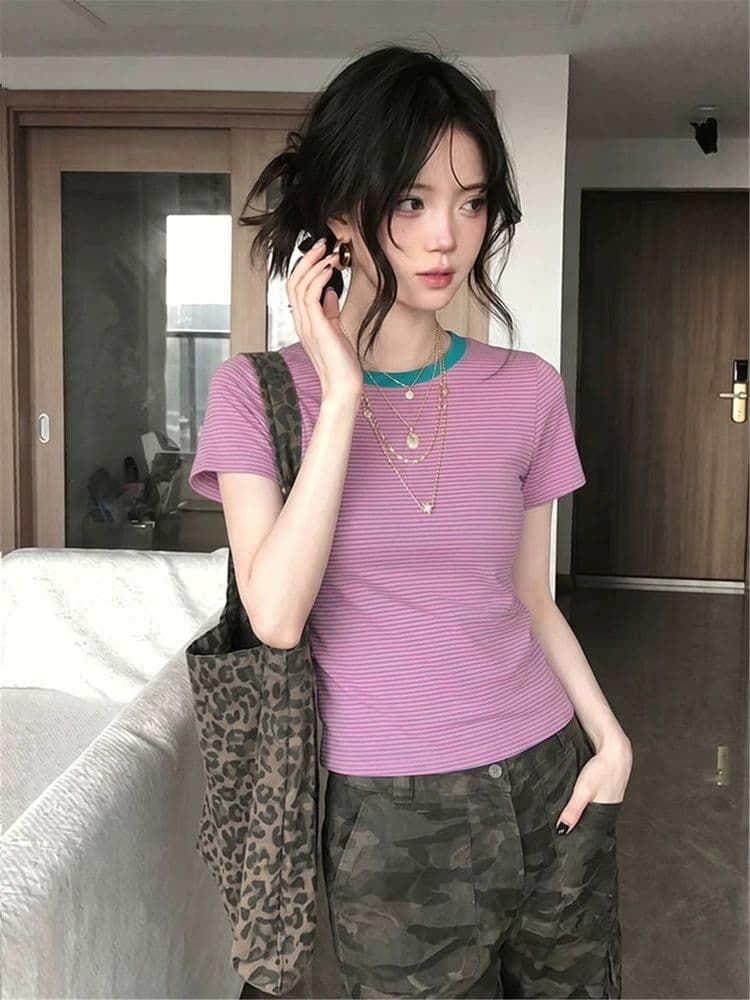 면 양모 당겨 프레임 리브 스트라이프 라운드 넥 긍정적 인 어깨 반팔 티셔츠 여성 여름 몸매 가꾸기 도파민 핫걸 쇼트 스타일 맨위 상세 이미지 5