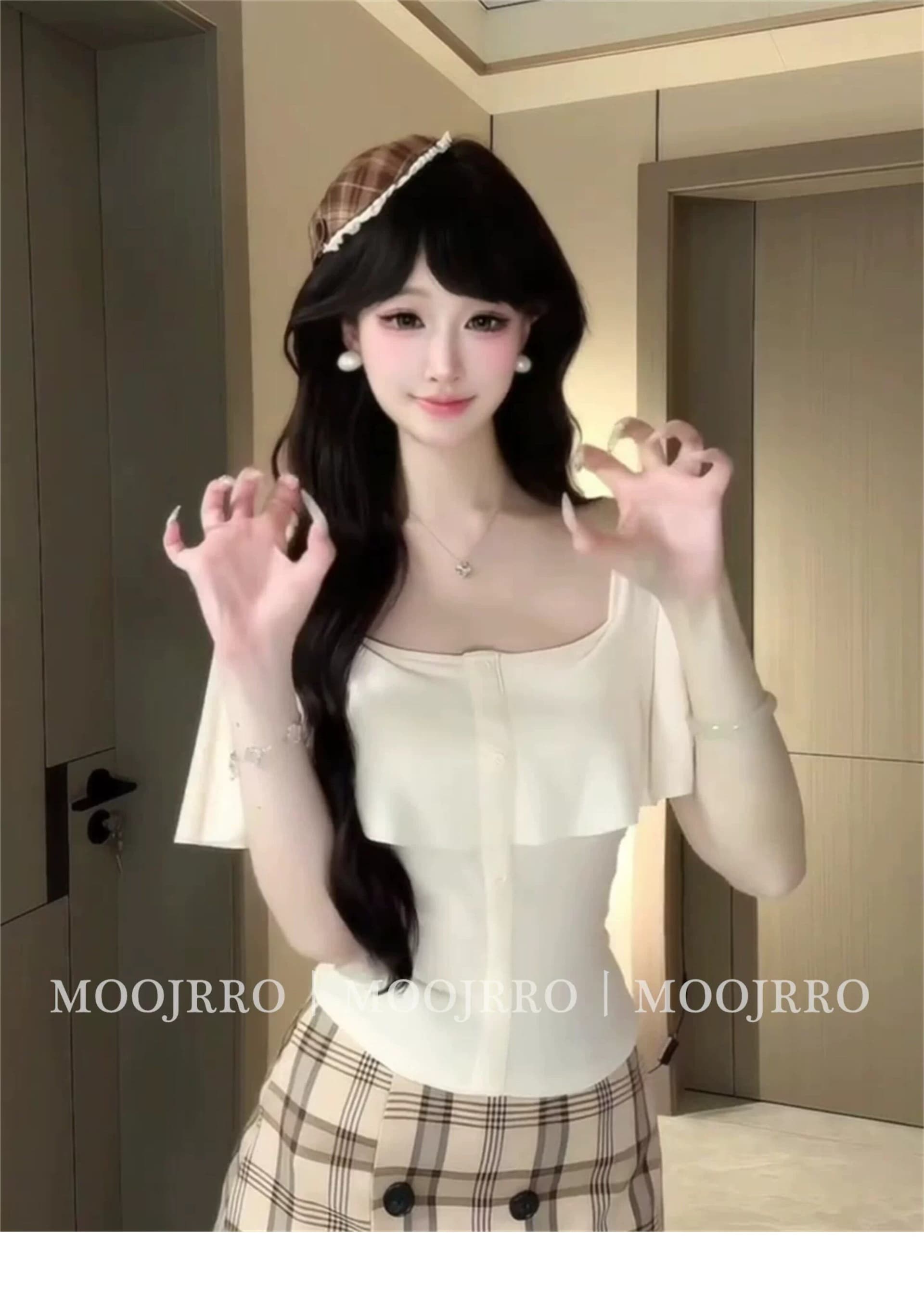 광장 칼라 프릴 반팔 티셔츠 여성 여름 프랑스식 핫걸 몸매 가꾸기 슬림해 보이는 작은 키 쇼트 스타일 니트 맨위 상세 이미지 4