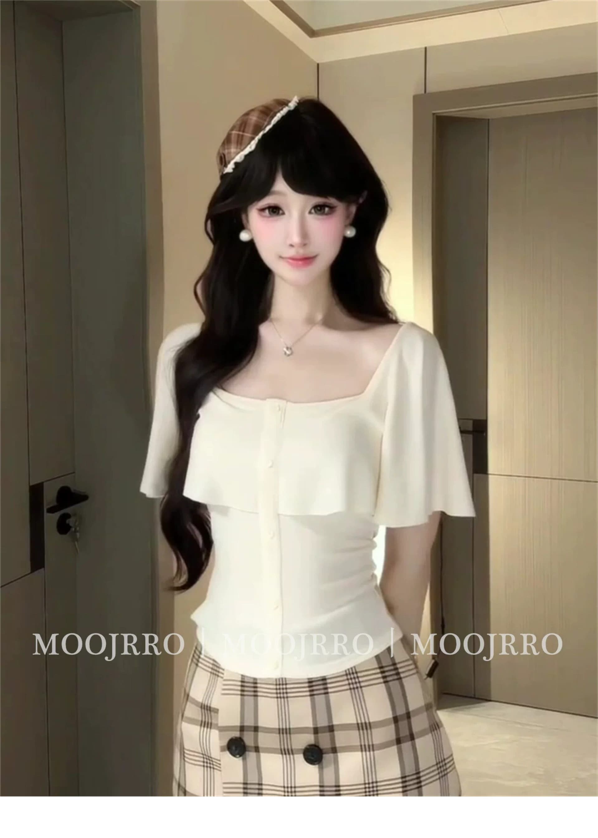 광장 칼라 프릴 반팔 티셔츠 여성 여름 프랑스식 핫걸 몸매 가꾸기 슬림해 보이는 작은 키 쇼트 스타일 니트 맨위 상세 이미지 5