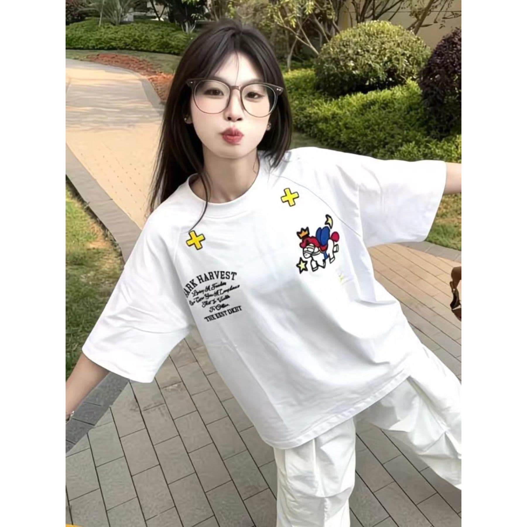 원단 32 230 크 100 순면 수건 자수 디자인 센스 반팔 여름 새로운 작은 대중 커플 상세 이미지 6