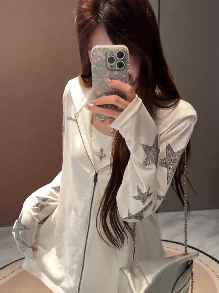핫픽스 검 지퍼 헤드 모방 눈꽃 면 다용도 화이트 자외선 차단 의류 여성 여름 오픈 가디건 맨위 캐주얼 바람 이미지 2