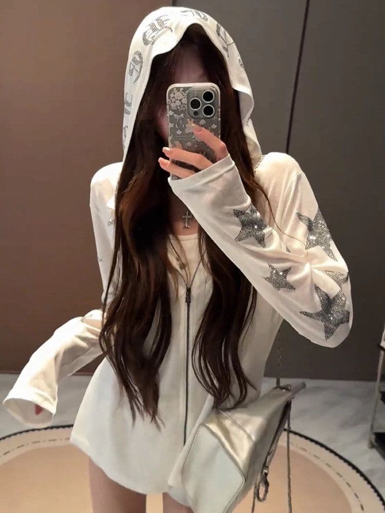 핫픽스 검 지퍼 헤드 모방 눈꽃 면 다용도 화이트 자외선 차단 의류 여성 여름 오픈 가디건 맨위 캐주얼 바람 상세 이미지 3