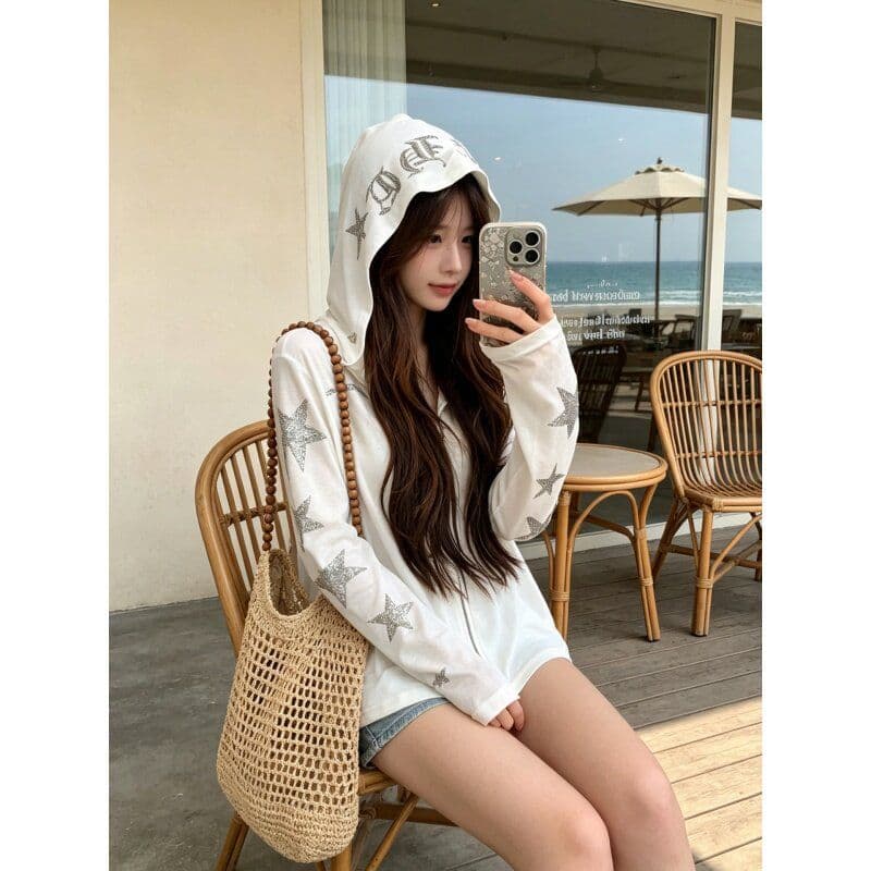 핫픽스 검 지퍼 헤드 모방 눈꽃 면 다용도 화이트 자외선 차단 의류 여성 여름 오픈 가디건 맨위 캐주얼 바람 상세 이미지 14