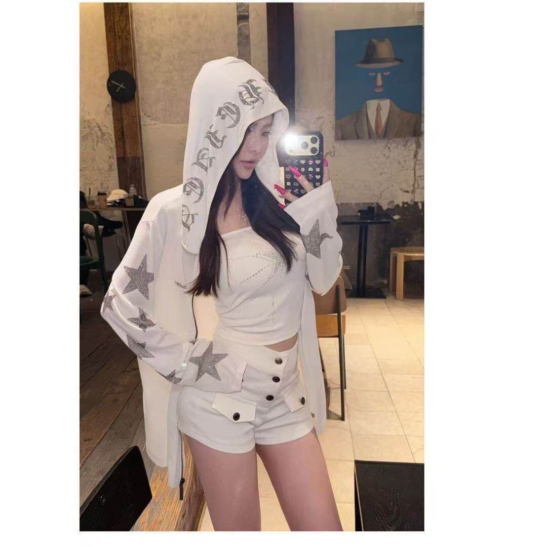 핫픽스 검 지퍼 헤드 모방 눈꽃 면 다용도 화이트 자외선 차단 의류 여성 여름 오픈 가디건 맨위 캐주얼 바람 상세 이미지 18