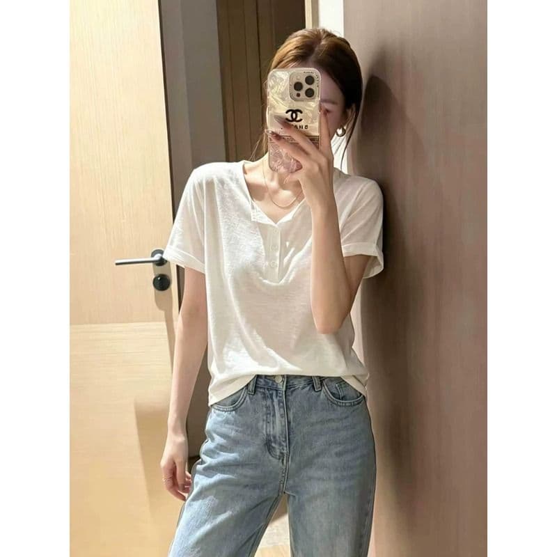원본 눈꽃 면 화이트 단추 반 개방 헨리 칼라 반팔 맨위 여성 여름 얇은 스타일 마이크로 ~을 통해 티셔츠 트렌디