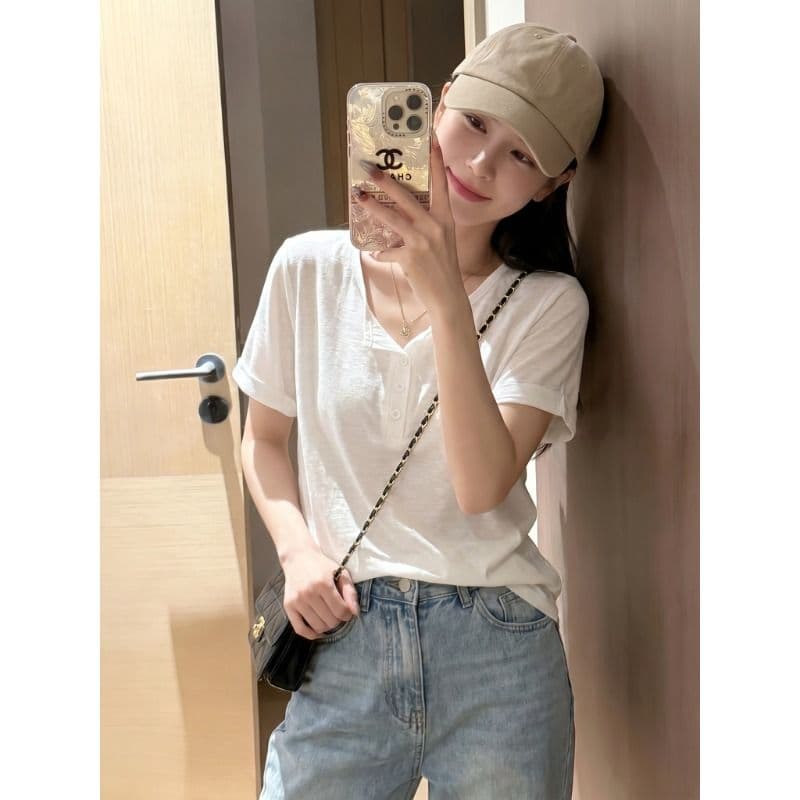 원본 눈꽃 면 화이트 단추 반 개방 헨리 칼라 반팔 맨위 여성 여름 얇은 스타일 마이크로 ~을 통해 티셔츠 트렌디 이미지 3