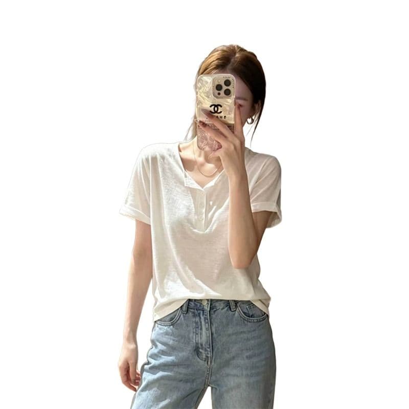 원본 눈꽃 면 화이트 단추 반 개방 헨리 칼라 반팔 맨위 여성 여름 얇은 스타일 마이크로 ~을 통해 티셔츠 트렌디 이미지 5