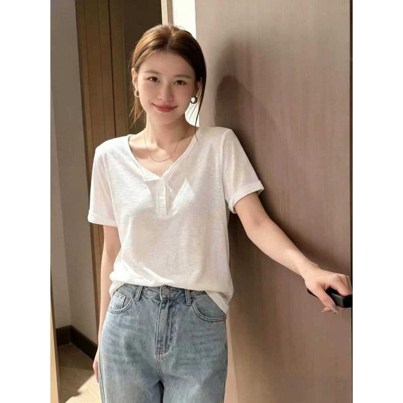 원본 눈꽃 면 화이트 단추 반 개방 헨리 칼라 반팔 맨위 여성 여름 얇은 스타일 마이크로 ~을 통해 티셔츠 트렌디 이미지 2