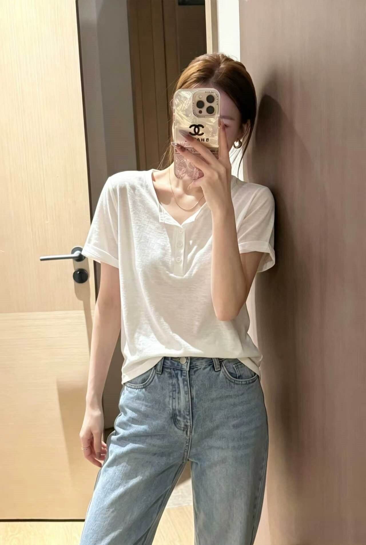 원본 눈꽃 면 화이트 단추 반 개방 헨리 칼라 반팔 맨위 여성 여름 얇은 스타일 마이크로 ~을 통해 티셔츠 트렌디 상세 이미지 2
