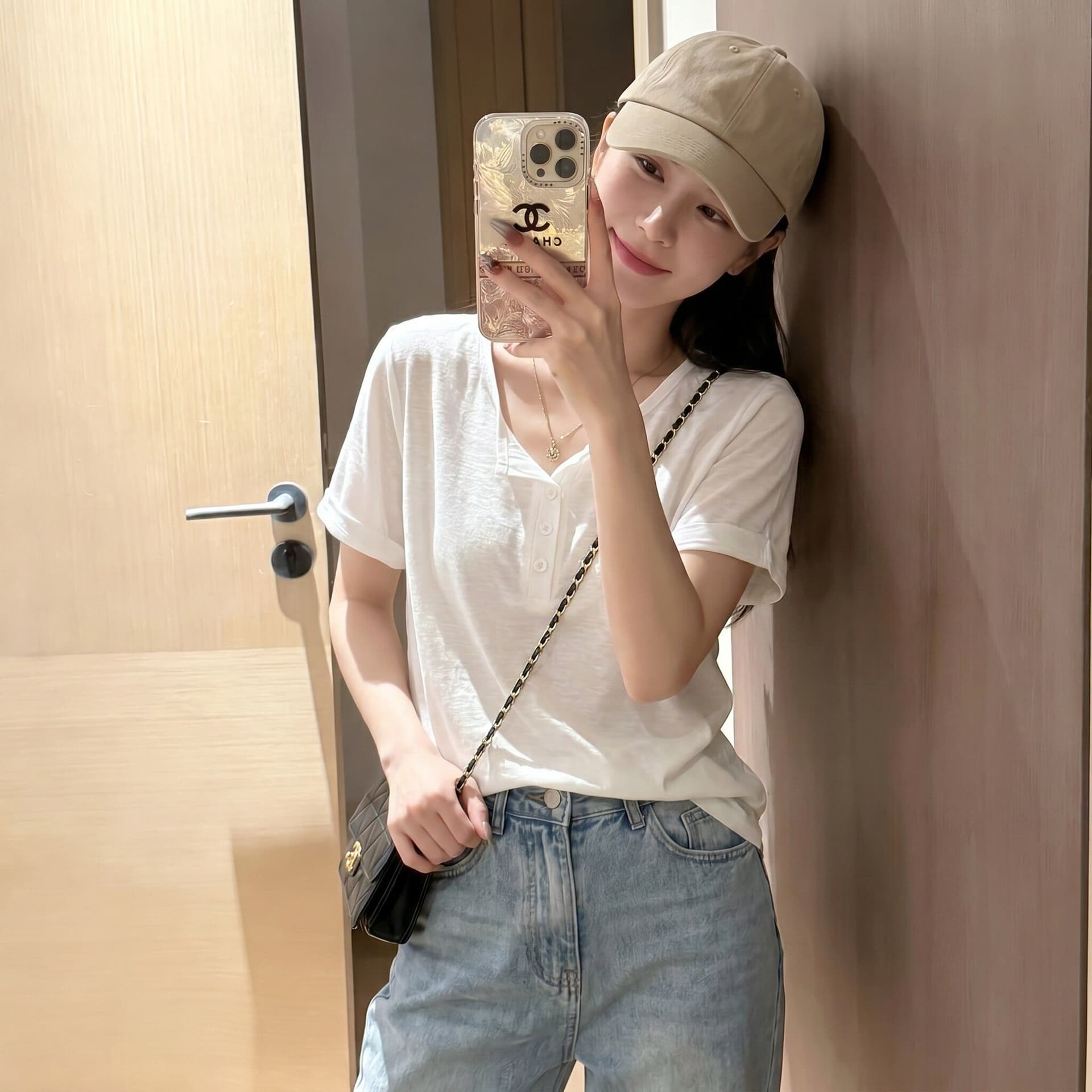 원본 눈꽃 면 화이트 단추 반 개방 헨리 칼라 반팔 맨위 여성 여름 얇은 스타일 마이크로 ~을 통해 티셔츠 트렌디 상세 이미지 3