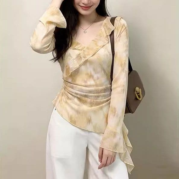 단층 대나무 마디 리브 원본 것 새로운 프랑스식 긴팔 티셔츠 작은 셔츠 슬림해 보이는 V넥 프릴 맨위 여성