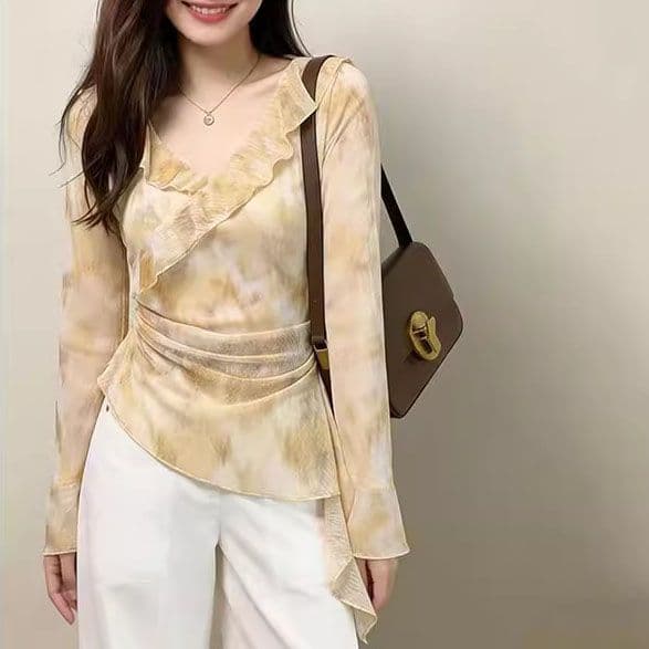 단층 대나무 마디 리브 원본 것 새로운 프랑스식 긴팔 티셔츠 작은 셔츠 슬림해 보이는 V넥 프릴 맨위 여성 이미지 2