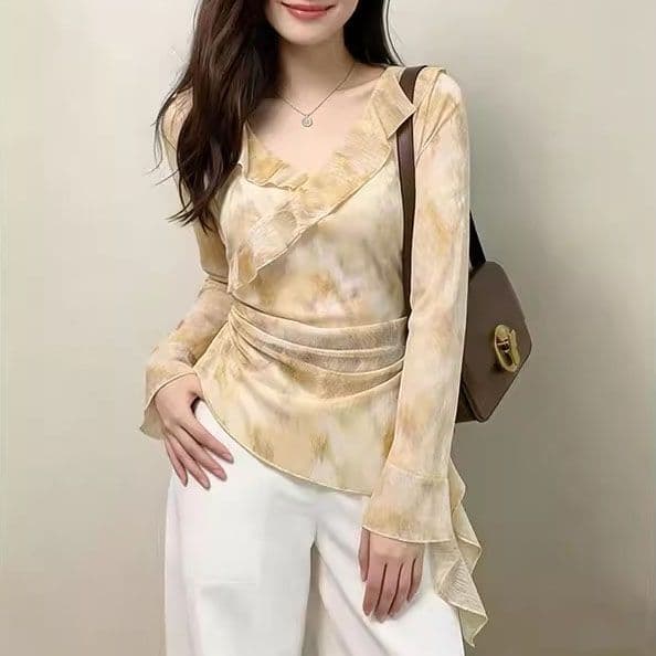 단층 대나무 마디 리브 원본 것 새로운 프랑스식 긴팔 티셔츠 작은 셔츠 슬림해 보이는 V넥 프릴 맨위 여성 이미지 3