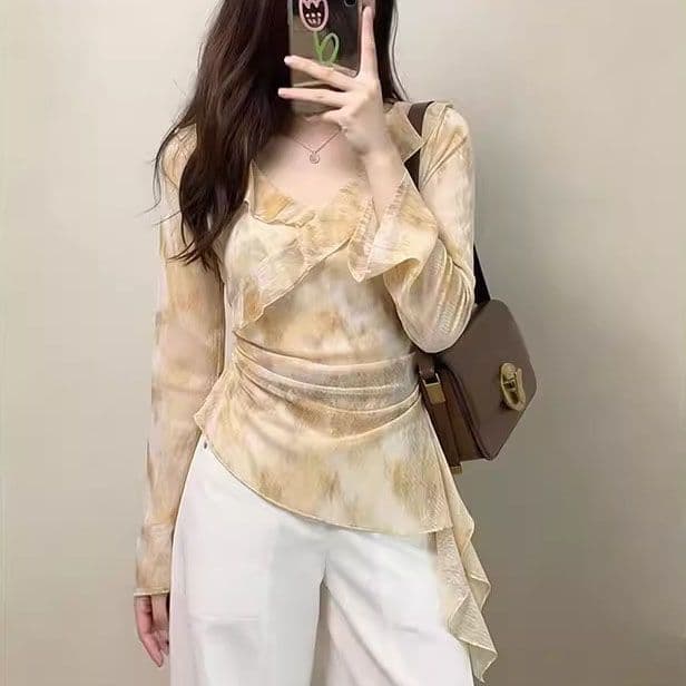 단층 대나무 마디 리브 원본 것 새로운 프랑스식 긴팔 티셔츠 작은 셔츠 슬림해 보이는 V넥 프릴 맨위 여성 상세 이미지 5