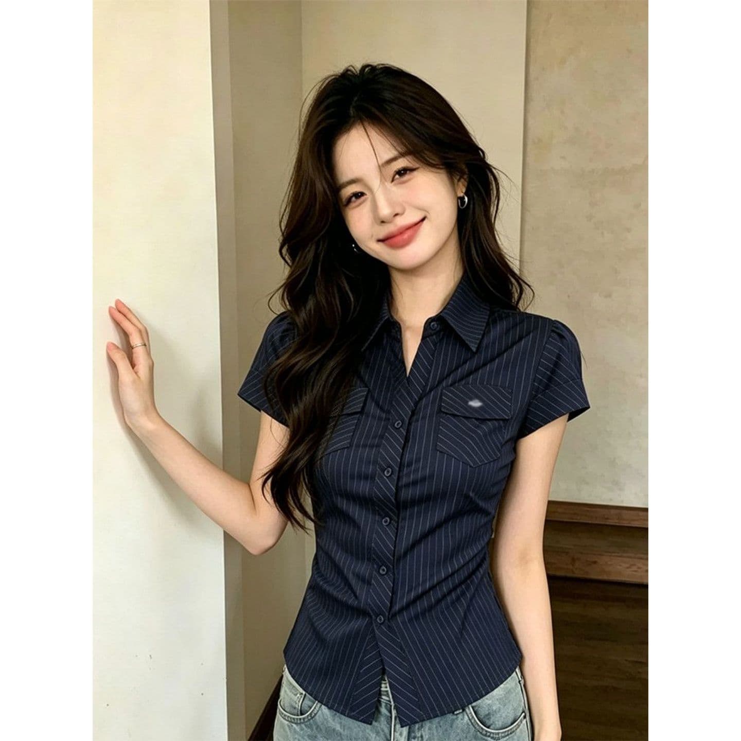 경관 그림 원본 컬러 짜임 셔츠 천 체크무늬 긍정적 인 어깨 아메리칸 핫걸 반팔 여성 셔츠 여름 새로운 이미지 2