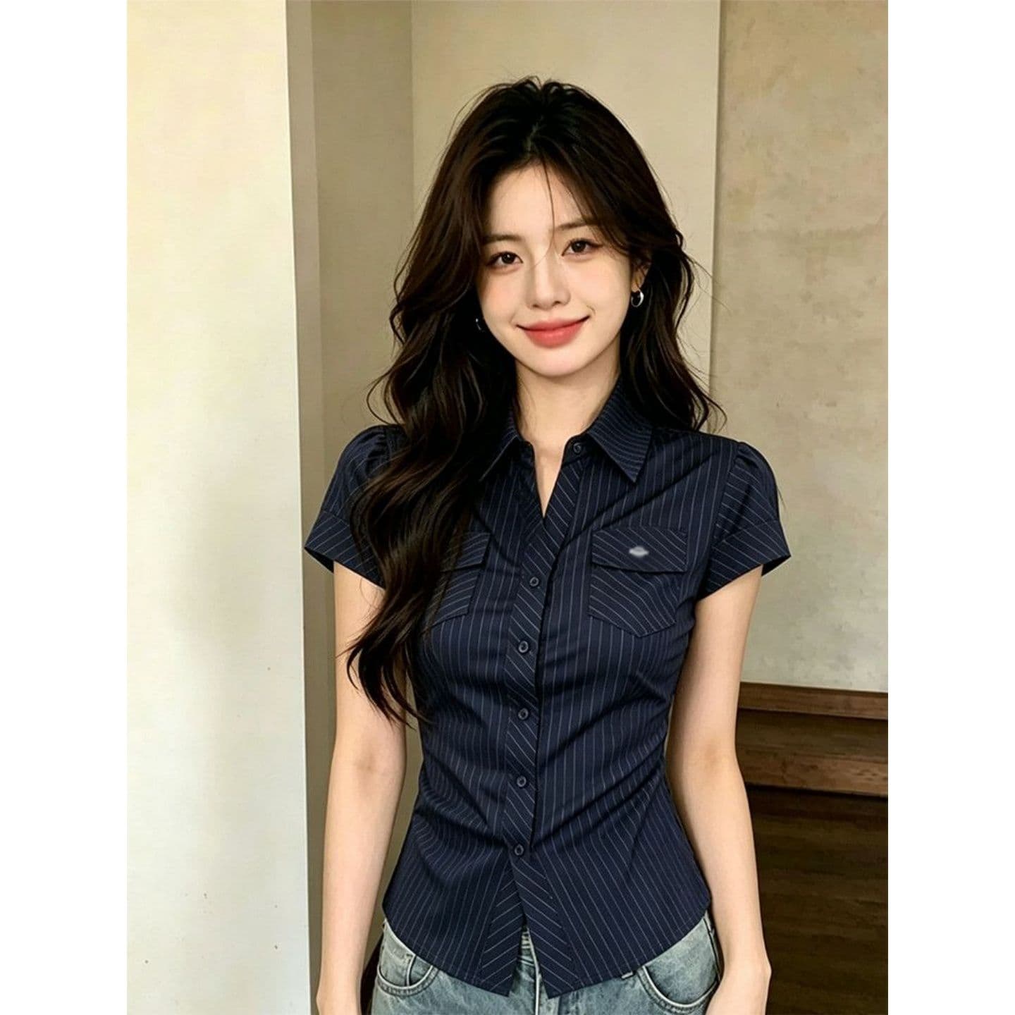 경관 그림 원본 컬러 짜임 셔츠 천 체크무늬 긍정적 인 어깨 아메리칸 핫걸 반팔 여성 셔츠 여름 새로운