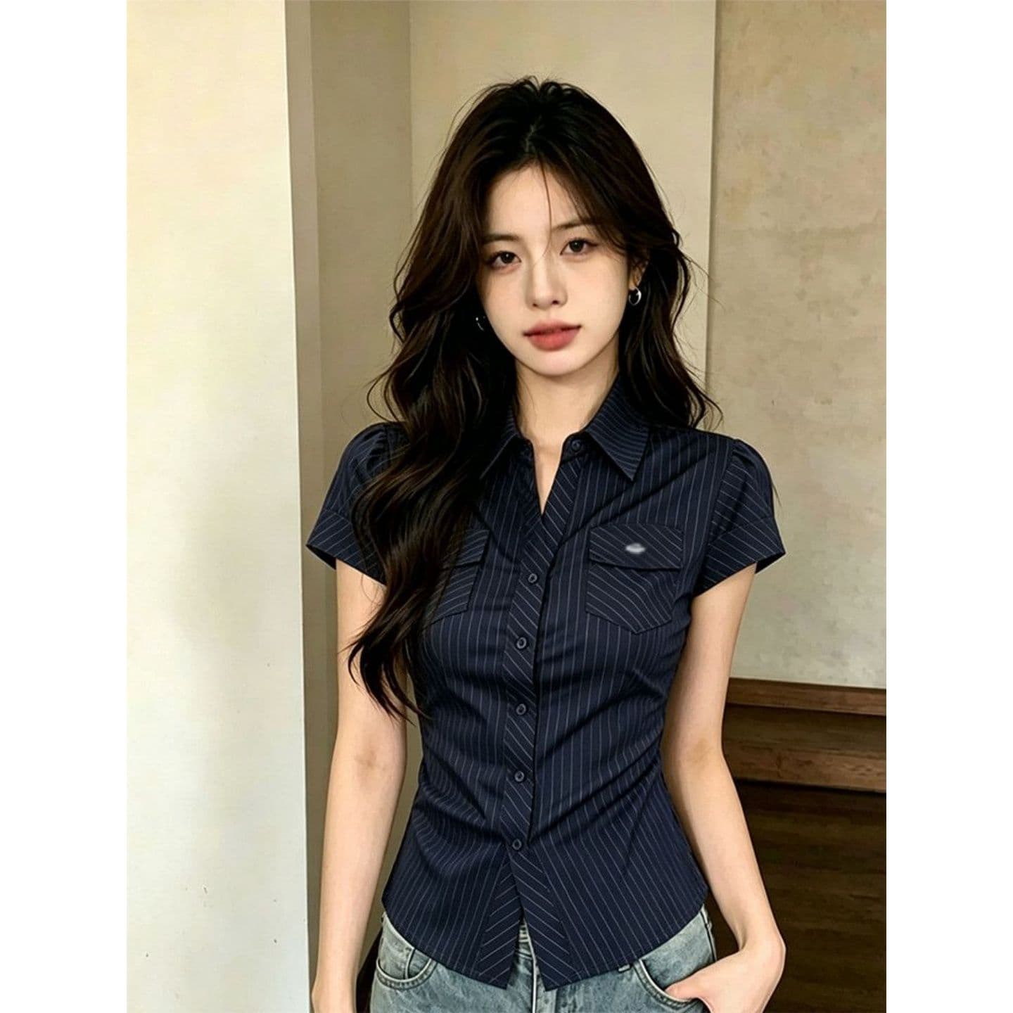 경관 그림 원본 컬러 짜임 셔츠 천 체크무늬 긍정적 인 어깨 아메리칸 핫걸 반팔 여성 셔츠 여름 새로운 이미지 3