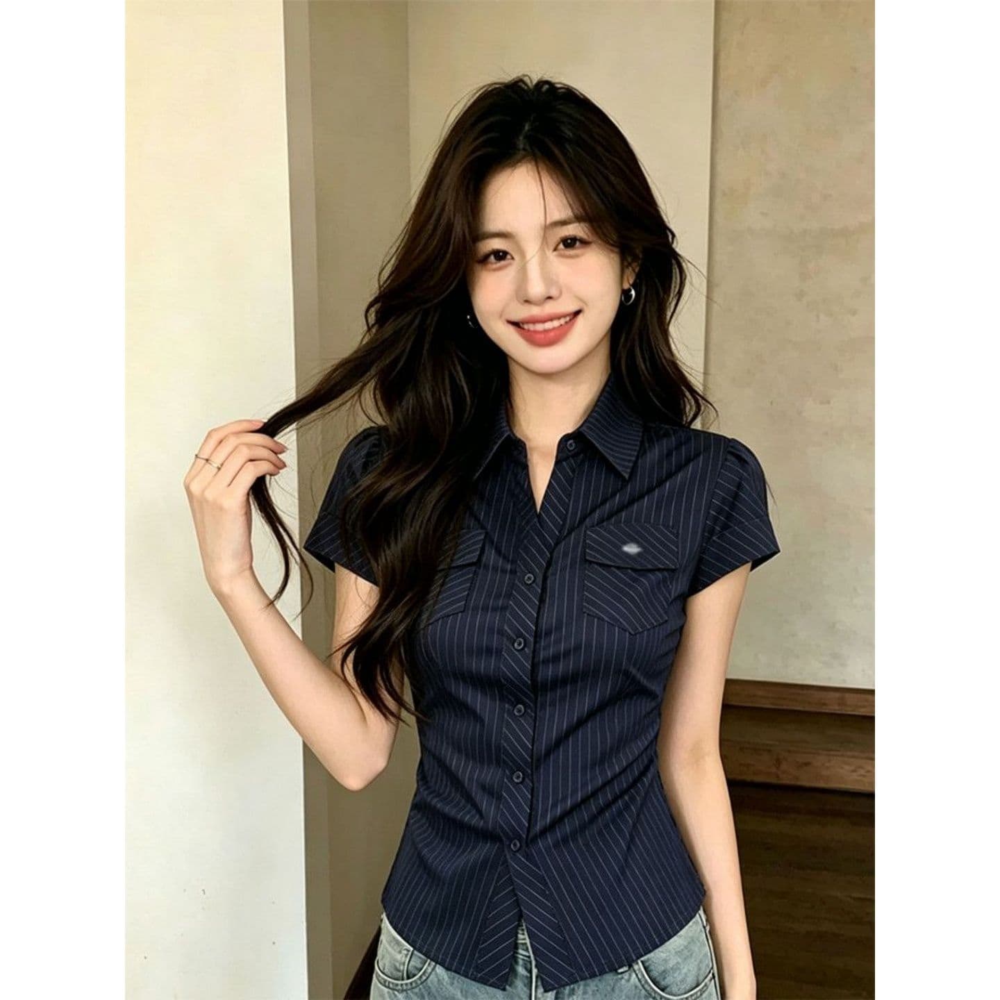 경관 그림 원본 컬러 짜임 셔츠 천 체크무늬 긍정적 인 어깨 아메리칸 핫걸 반팔 여성 셔츠 여름 새로운 상세 이미지 3