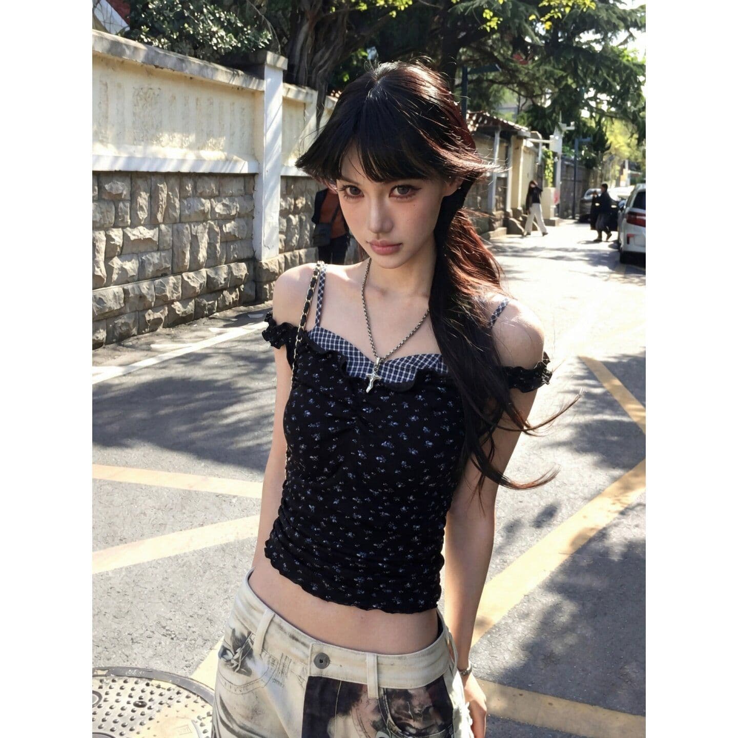 한 부서 꽃무늬 오프숄더 페이크 레이어드 캐미솔 여자 여름 순수한 욕망 핫걸 몸매 가꾸기 쇼트 스타일 오프숄더 맨위 이미지 3