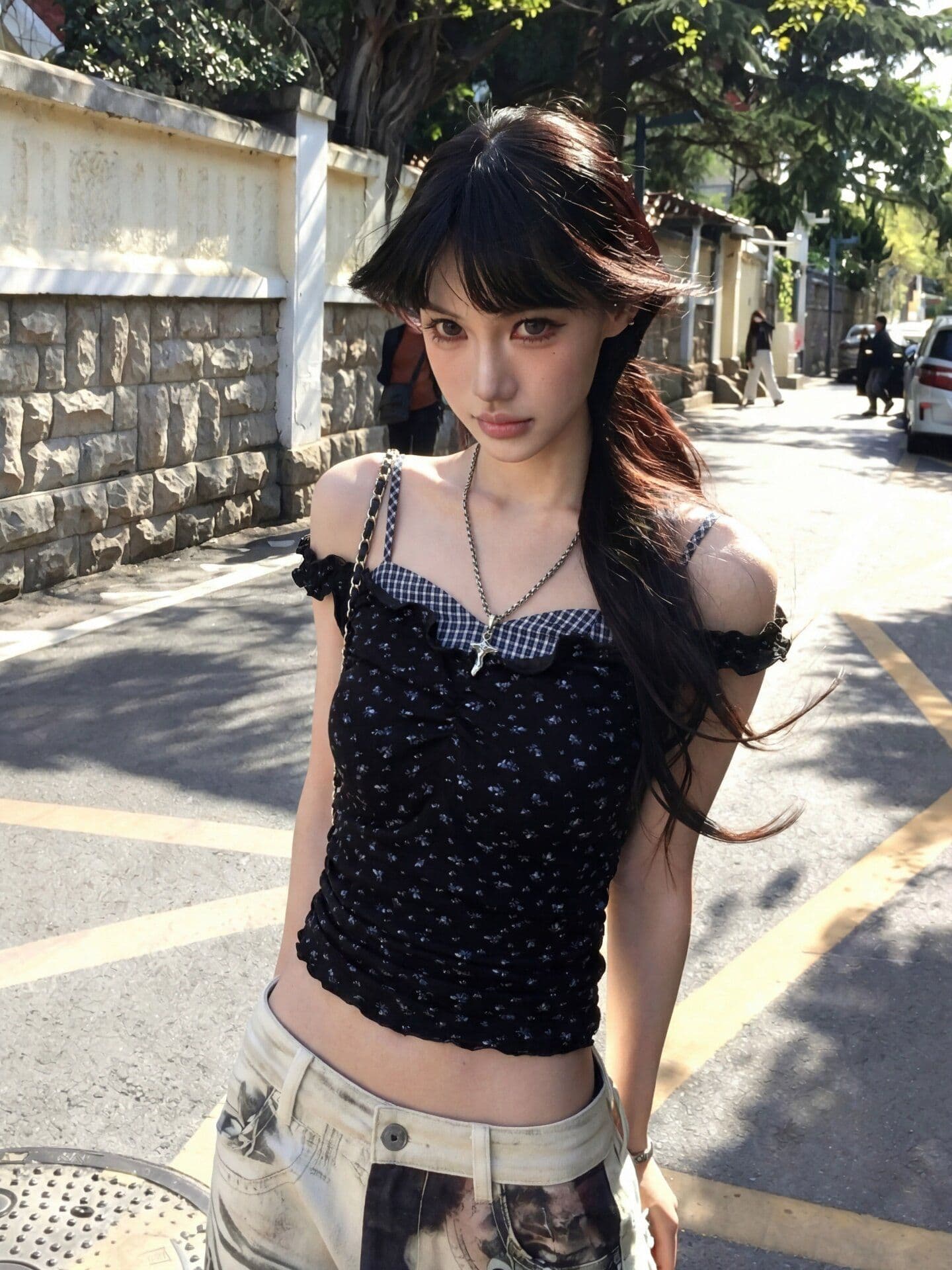 한 부서 꽃무늬 오프숄더 페이크 레이어드 캐미솔 여자 여름 순수한 욕망 핫걸 몸매 가꾸기 쇼트 스타일 오프숄더 맨위 상세 이미지 4